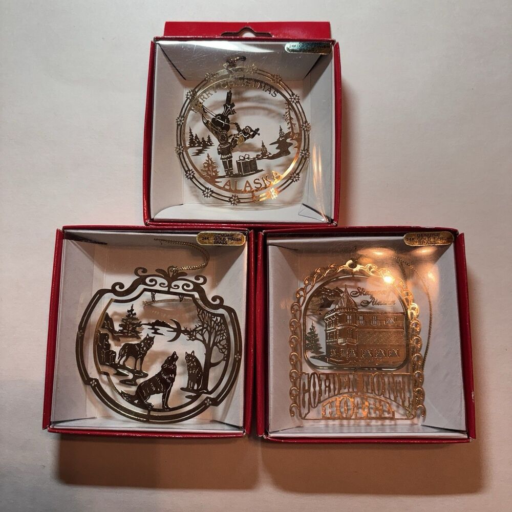 3 Nation’s Treasures Alaska Xmas Ornaments Genuine 24K Gold Finish Brass